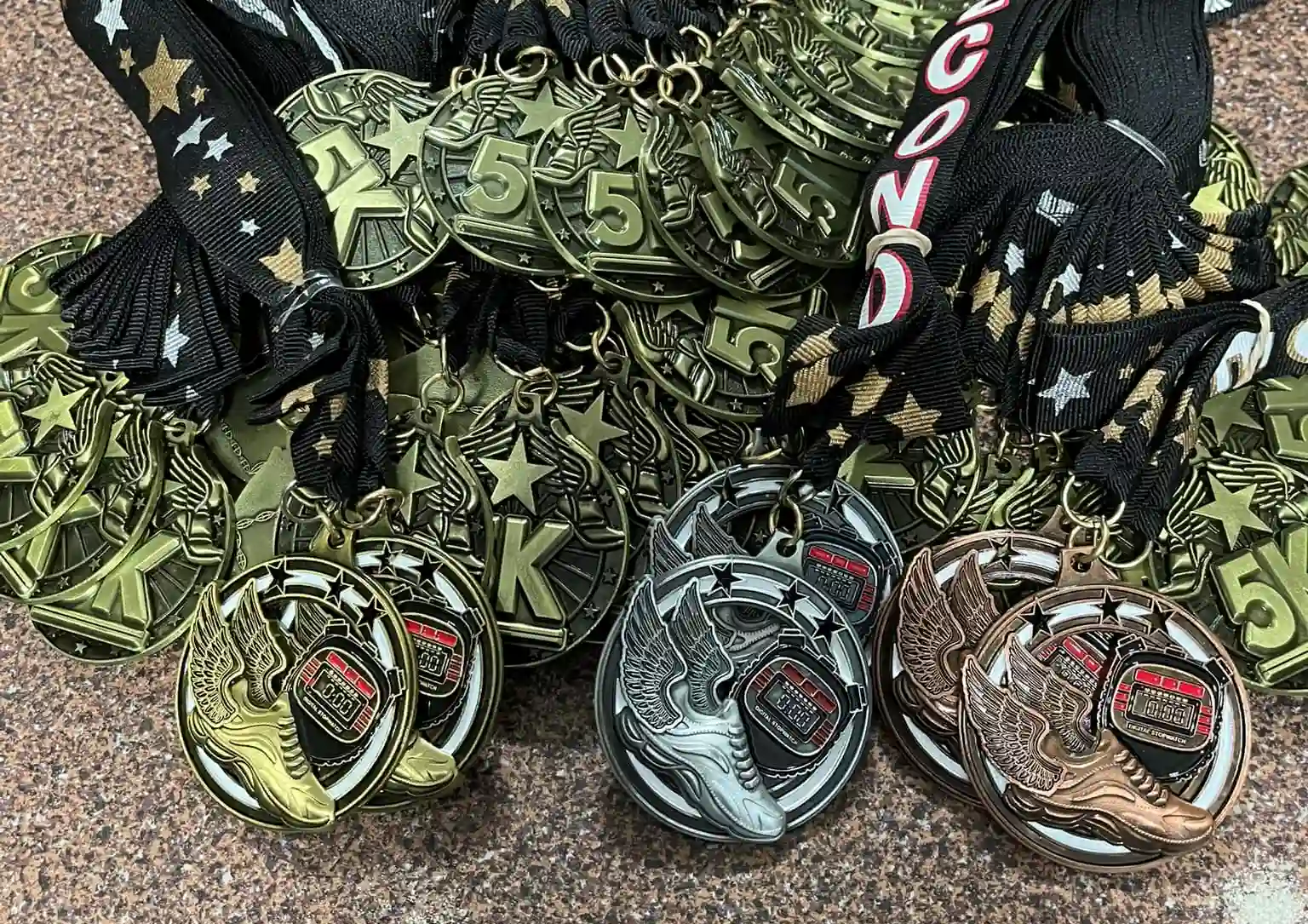 Community recovery event medals and ribbons celebrating those in addiction recovery